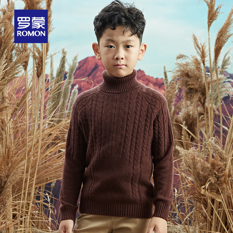 罗蒙男童羊绒衫冬季新款纯羊绒保暖毛衣中大童高领纯色打底针织衫