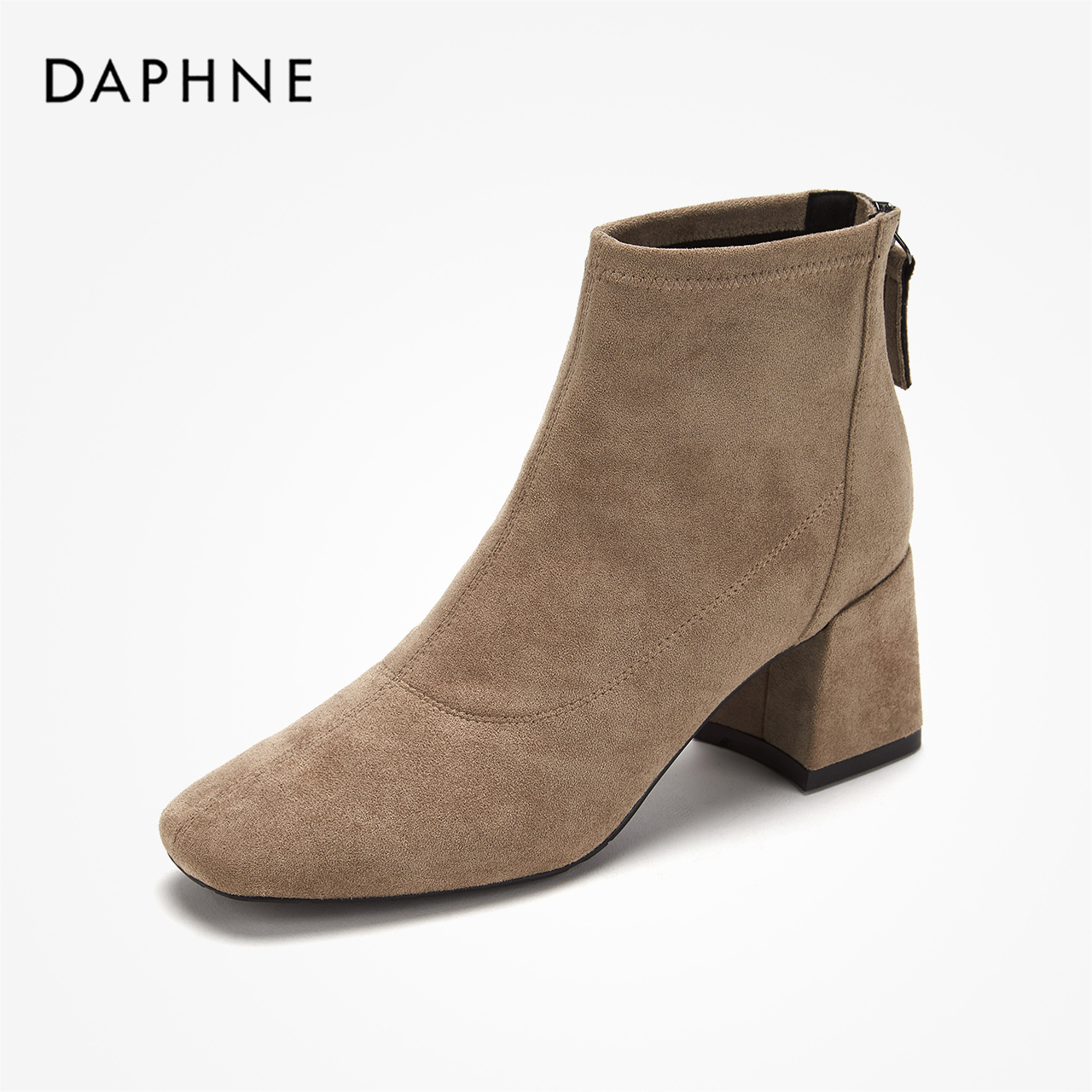 Daphne/达芙妮2019秋冬踝靴女方头粗跟时装靴舒适绒面短靴瘦瘦靴