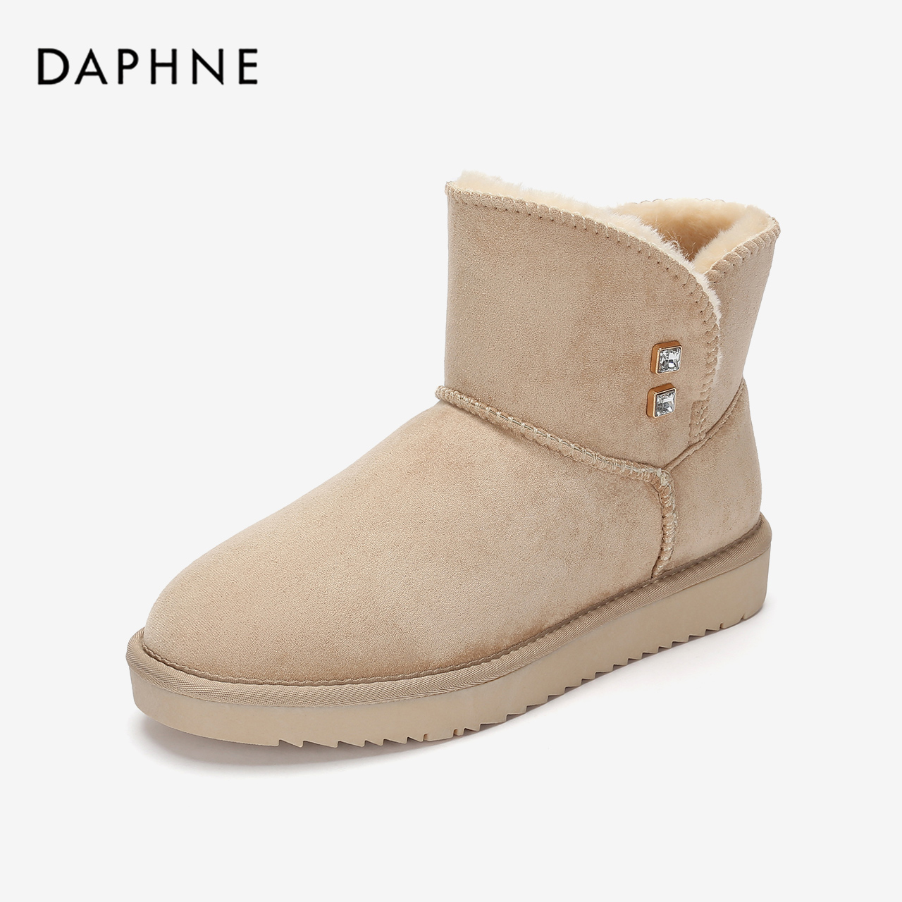 Daphne/达芙妮2019冬经典水钻加绒踝靴长毛绒内里牛筋底雪地靴