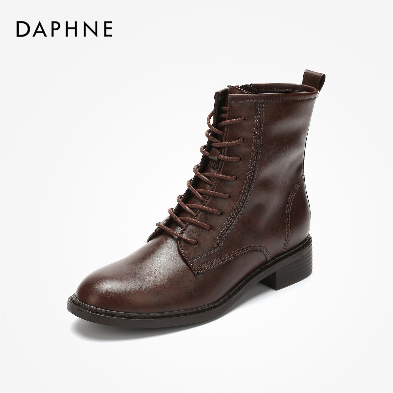 Daphne/达芙妮2019冬马丁靴女拉链系带内增高粗跟圆头薄绒短靴