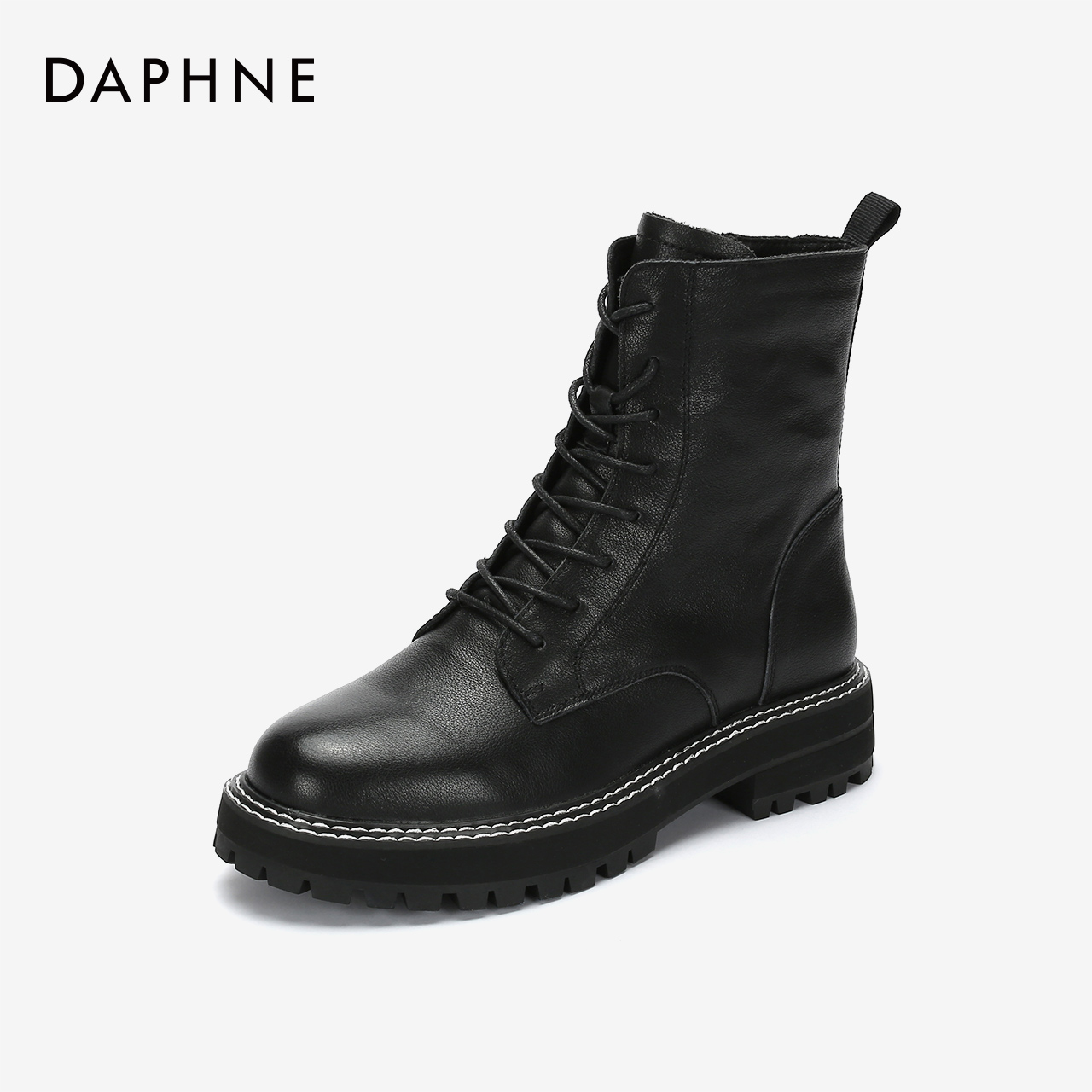 Daphne/达芙妮2019冬拉链系带马丁靴低跟加绒纯色潮流帅气短靴