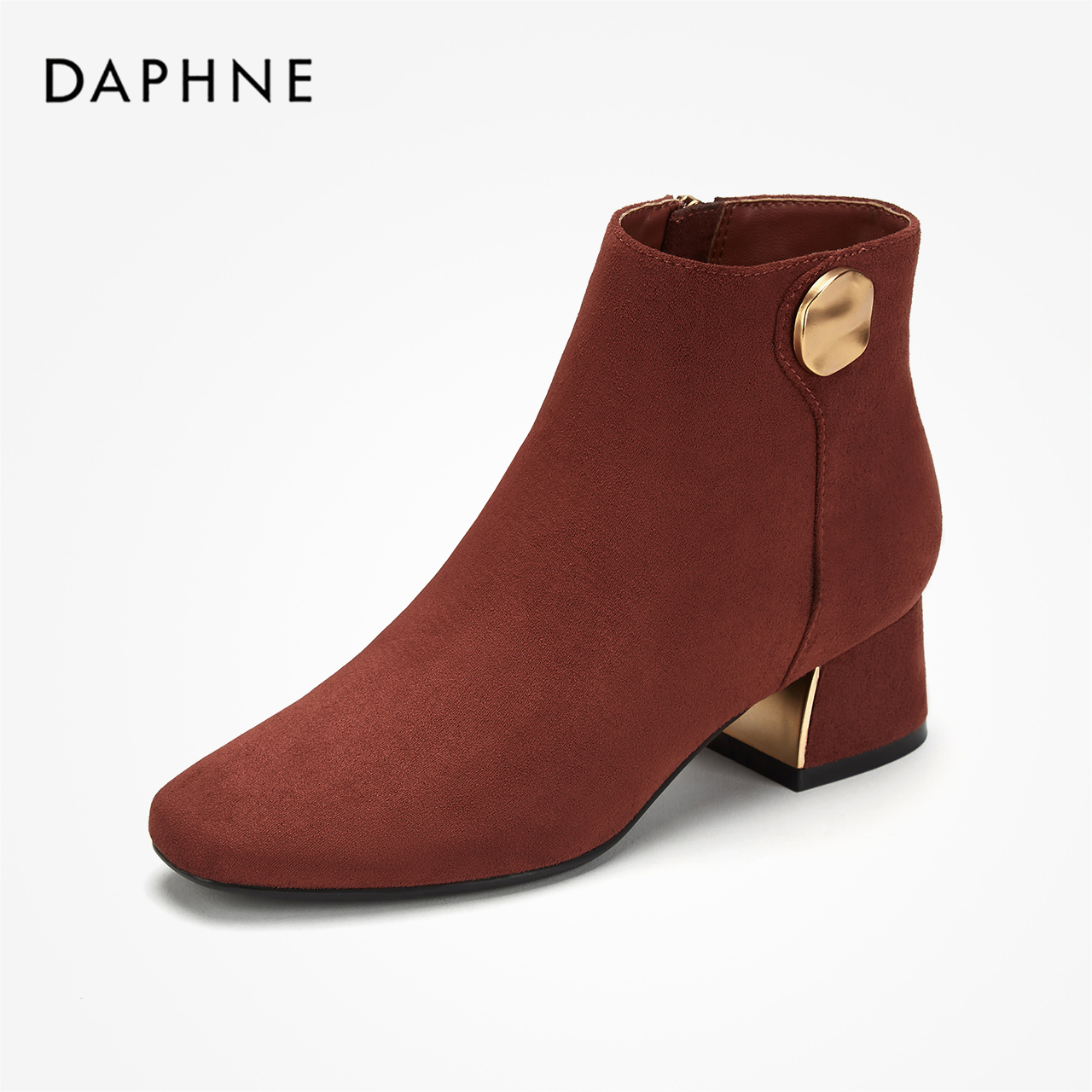 Daphne/达芙妮2019冬踝靴女方头粗跟时装靴绒面饰扣侧拉链短靴