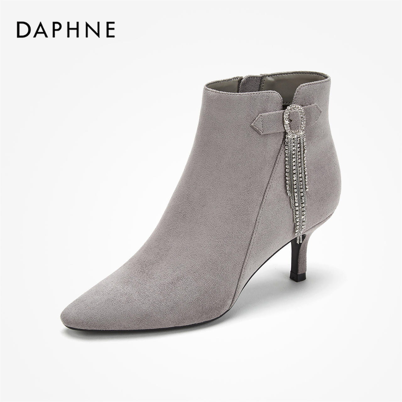 Daphne/达芙妮2019冬时装靴女尖头细高跟靴华丽钻饰绒面时尚短靴
