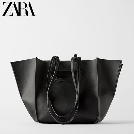 ZARA 新款 女包 黑色打褶装饰单肩手提购物包 16064004040