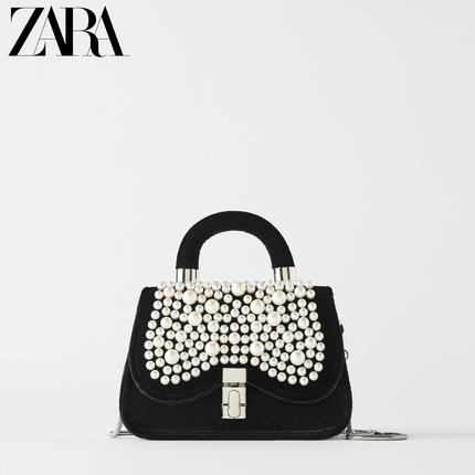 ZARA 新款 女包 黑色珍珠镶饰迷你单肩手提斜挎包 16812004040