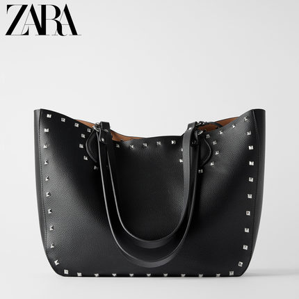ZARA 新款 女包 黑色铆钉饰单肩手提购物包 16093004040