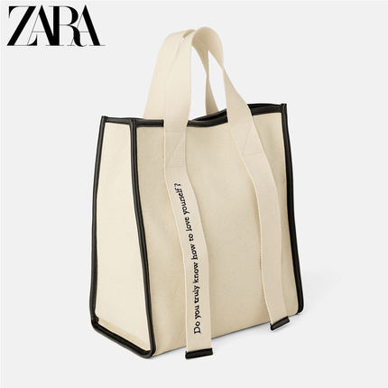 ZARA新款 TRF 女包 自然色帆布手提购物包 13824004111