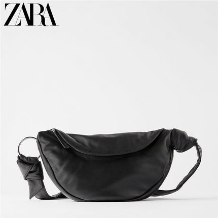 ZARA新款 女包 黑色羊皮革腰包型斜挎包 18416004040