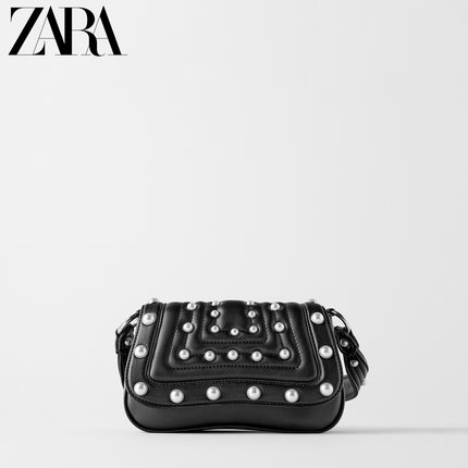 ZARA 新款 女包 黑色珍珠镶饰绗缝迷你单肩包 16348004040