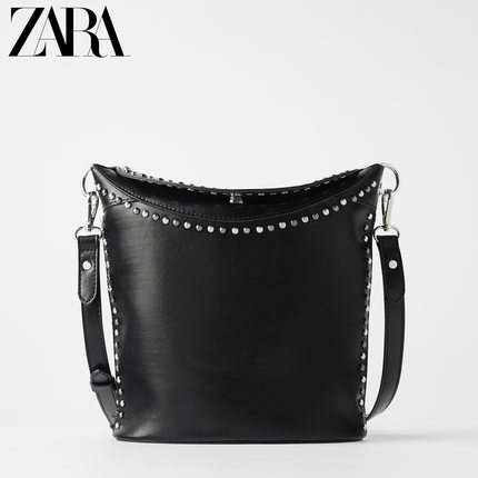 ZARA新款 女包 黑色上端翻盖摇滚风格大包单肩斜挎包 18426004040