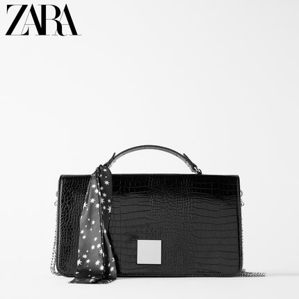 ZARA 新款 女包 黑色系带装饰单肩手提斜挎包 17456004040