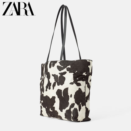ZARA新款 女包 拼接动物纹印花牛皮革单肩手提购物包 12059004202