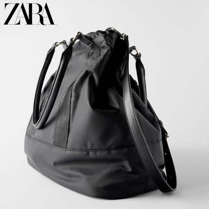 ZARA新款 女包 黑色特大号尼龙手提斜挎购物包 16024004040