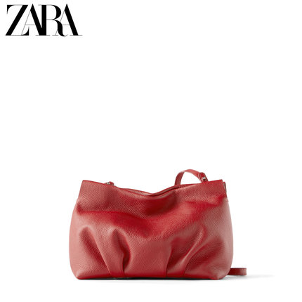 ZARA新款 女包 红色褶皱装饰牛皮革单肩斜挎包 18606004020