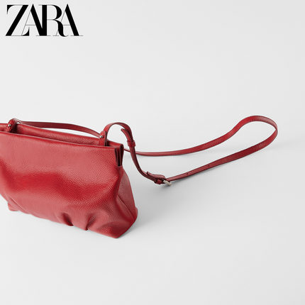 ZARA新款 女包 红色褶皱装饰牛皮革单肩斜挎包 18606004020