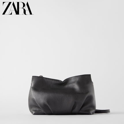 ZARA新款 女包 黑色褶皱装饰牛皮革手提斜挎包 18608004040