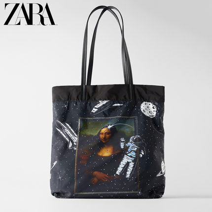 ZARA新款 女包 画作《蒙娜丽莎》黑色印花单肩购物包 16082004040