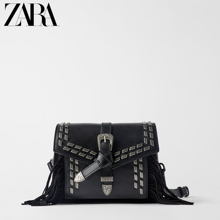 ZARA新款 女包 黑色搭扣装饰牛仔式牛皮革单肩斜挎包 15303510040
