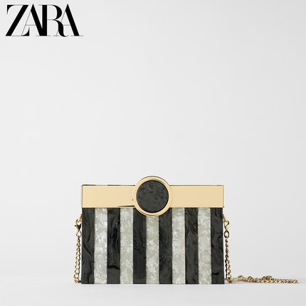 ZARA 新款 女包 金色拼接条纹盒形包单肩斜挎包 16658004202
