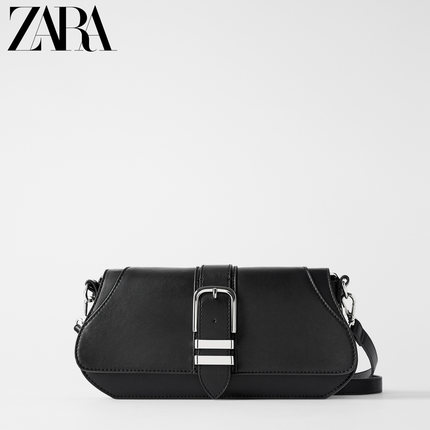 ZARA 新款 女包 黑色搭扣饰法式长型单肩手提包 18438004040