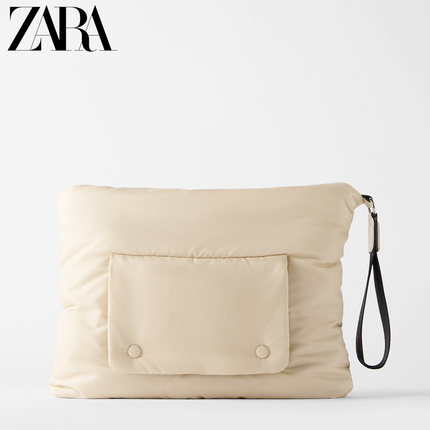 ZARA 新款 TRF 女包 裸色绗缝尼龙大号信封包手拿包 17609004002