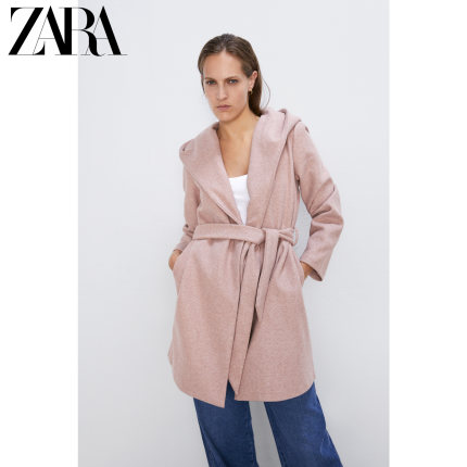 ZARA 新款 女装 配腰带连帽大衣外套 03046269620