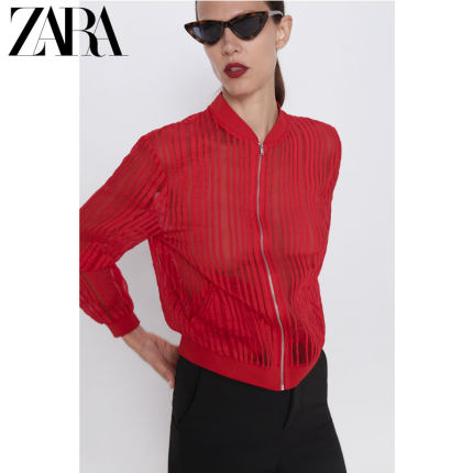 ZARA新款 女装 条纹透明仙气欧根纱飞行员夹克外套 07484222600