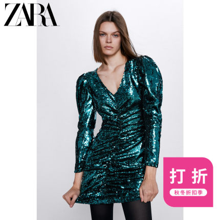 ZARA 新款 女装 褶皱珠片连衣裙 02197858500