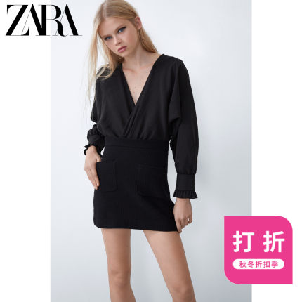 ZARA新款 TRF 女装 斜纹软呢拼接连衣裙 08388060800