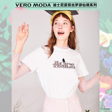 Vero Moda19秋新款迪士尼爱丽丝刺绣贴布植绒短袖T恤|319301532