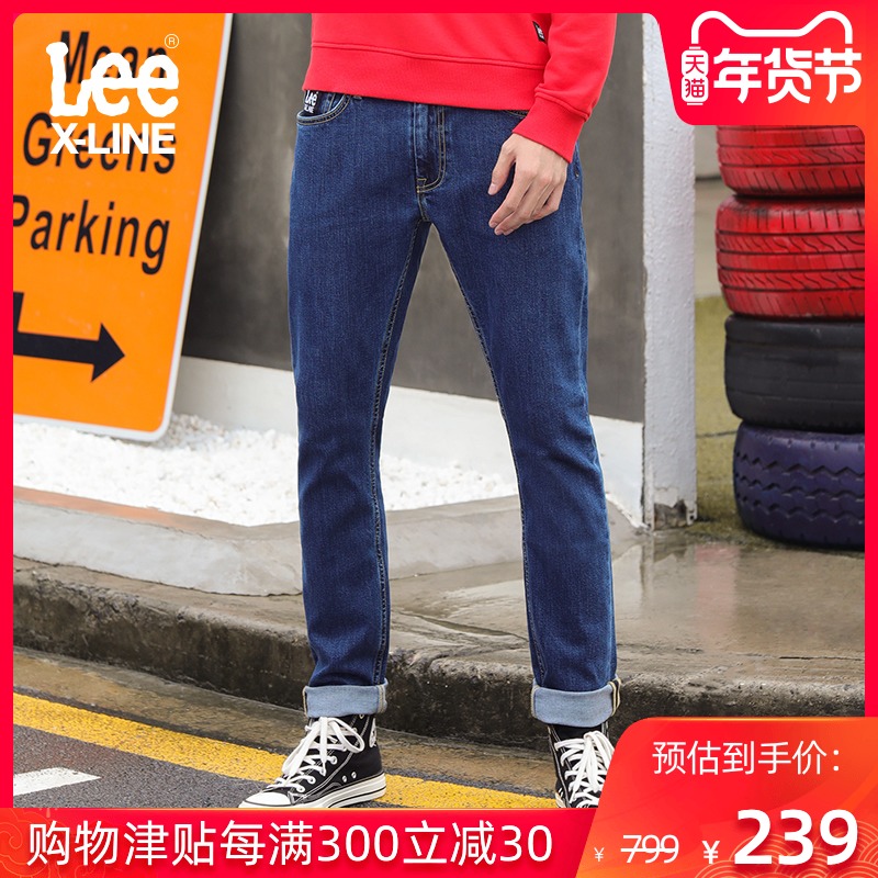 LeeX-LINE2019秋冬新款蓝色水洗中腰修身牛仔长裤男L117092VA55H