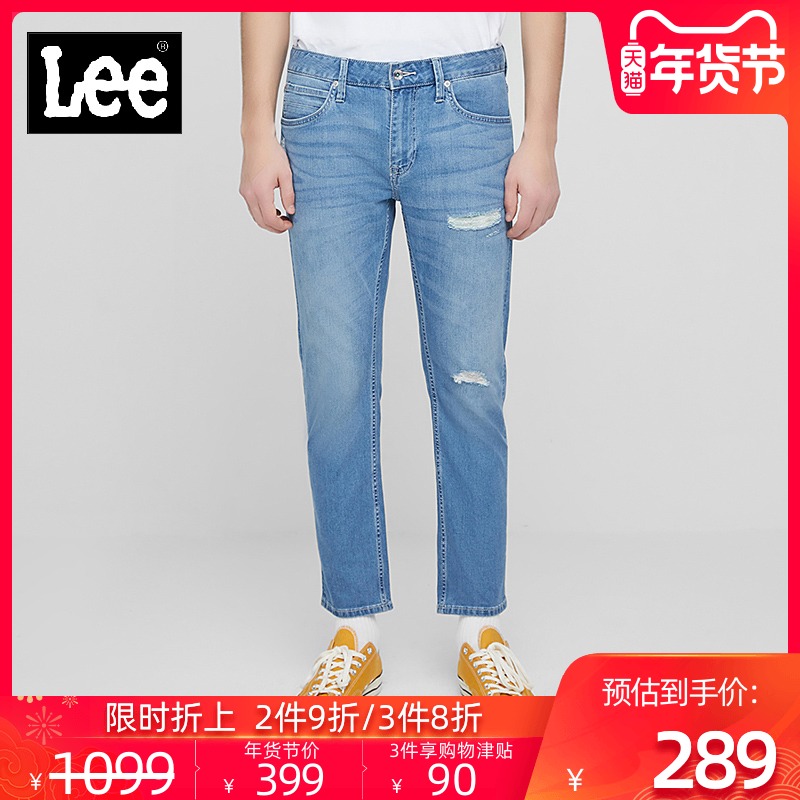 Lee商场同款2019年男蓝色轻薄低腰修身破洞牛仔裤L15722P669NR