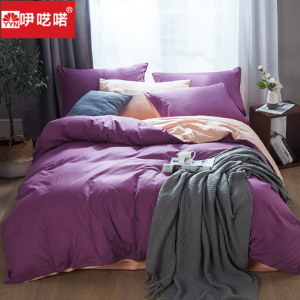 简约双拼全棉床上四件套北欧纯色床上用品纯棉被套床单套件床笠款