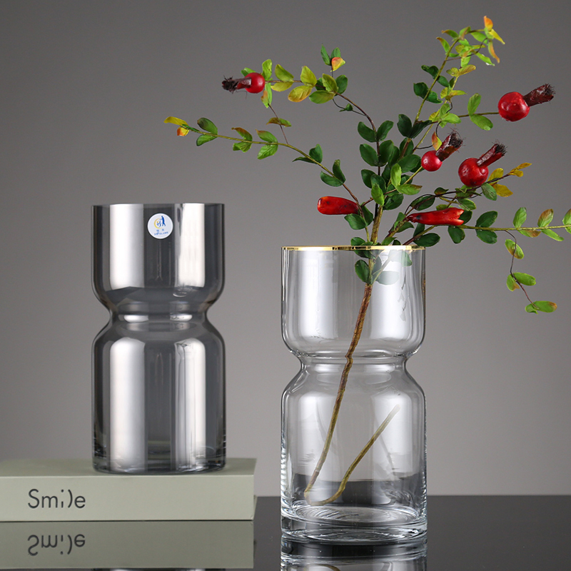 北欧轻奢描金玻璃花瓶简约客厅餐桌鲜花插花瓶装饰品摆件束口花器