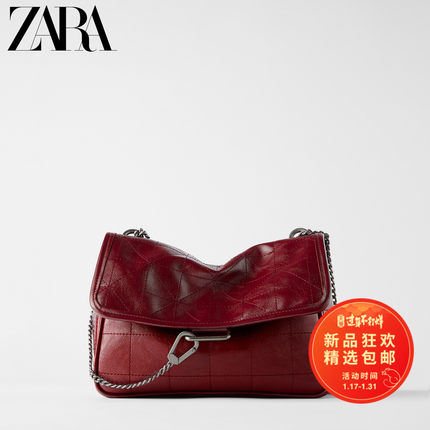 ZARA新款 女包 绛红色摇滚软质单肩斜挎包 16657510022