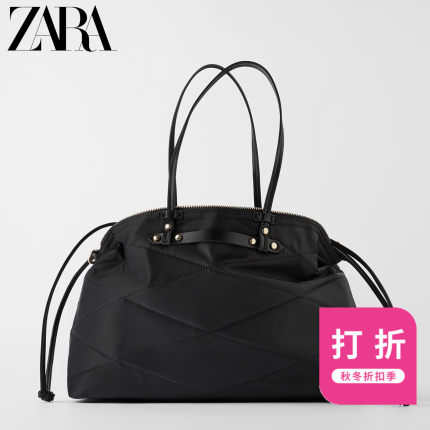ZARA【打折】TRF女包 黑色绗缝尼龙手提购物包17317004040