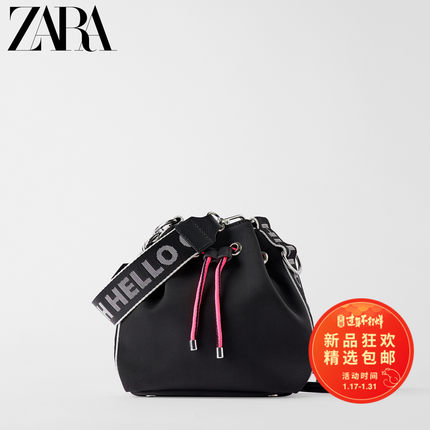 ZARA 新款 女包 黑色印字科技面料手提包斜挎包 17802510040