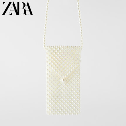 ZARA 新款 女包 白色珍珠镶饰手机袋式斜挎包 16642510001