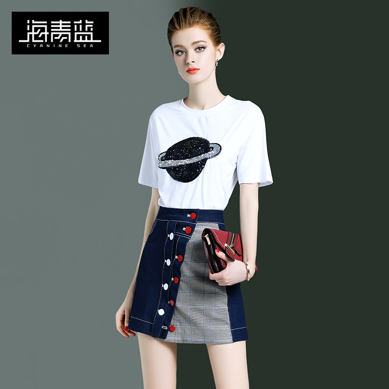 海青蓝2019新款夏装两件套洋气减龄时尚亮片休闲T恤半身裙套装女