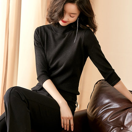 米思阳2020春季新款时尚黑色亮丝修身显瘦弹力打底毛针织衫女0665