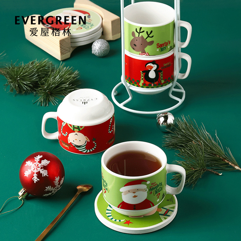 爱屋格林咖啡杯欧式小奢华家用套装圣诞陶瓷带杯垫家用送收纳架