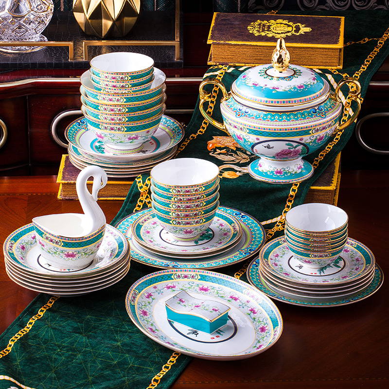 景德镇珐琅彩餐具套装碗盘欧式组合骨瓷碗碟套装家用高档陶瓷送礼