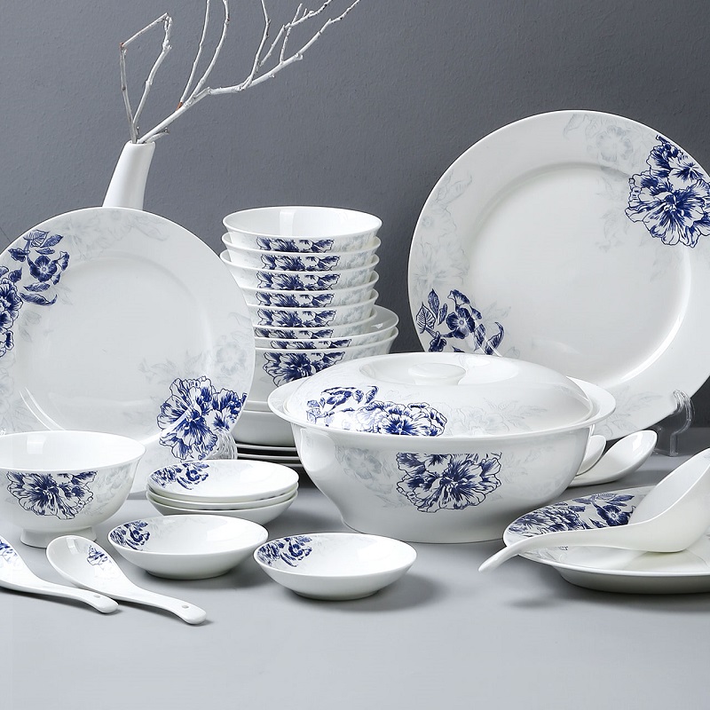 墨色 青花瓷餐具套装中式碗盘组合 景德镇陶瓷碗碟套装 馨玉3.0