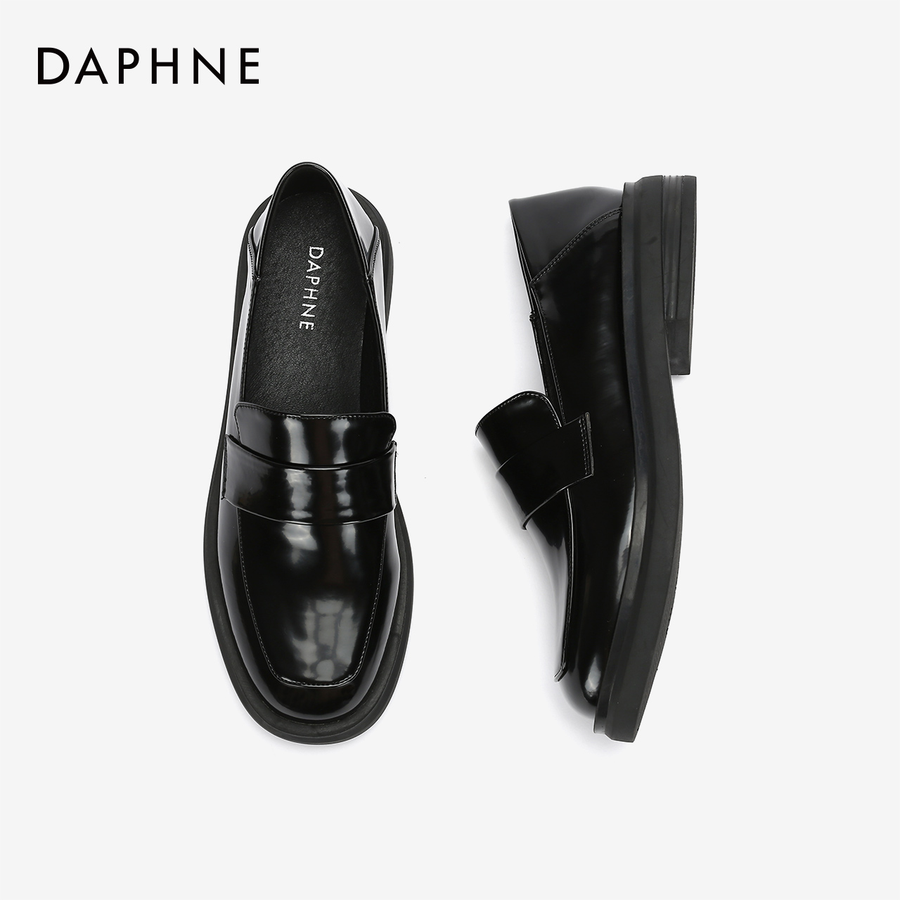 达芙妮2020春季新款女鞋黑色软皮乐福鞋休闲皮鞋厚底圆头低跟单鞋