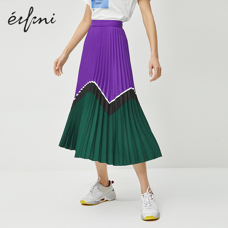 伊芙丽半身裙女2020年新款夏季中长款高腰a字显瘦紫色撞色百褶裙