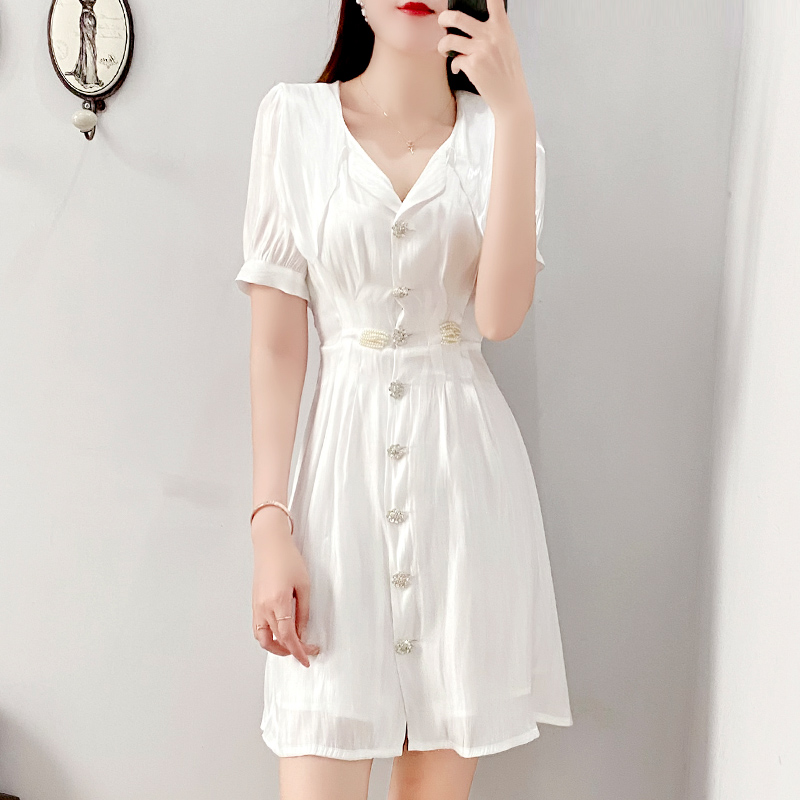 时尚夏季短袖连衣裙2020新款收腰显瘦白色A字裙女装气质雪纺短裙