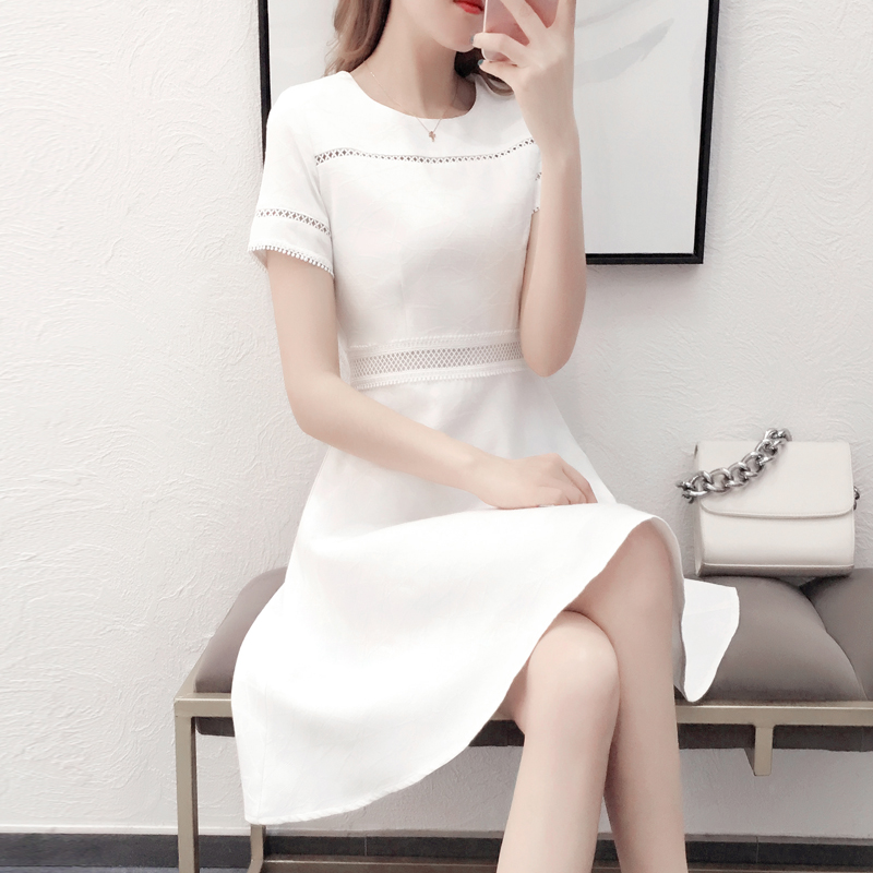 连衣裙女夏装2018新款白色短袖显瘦连衣裙修身显瘦中长款名媛气质