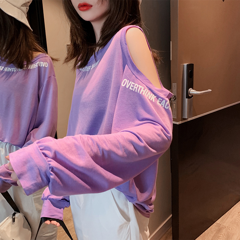 减10露肩长袖T恤女紫色上衣2020年新款夏装春秋季薄韩版宽松网红