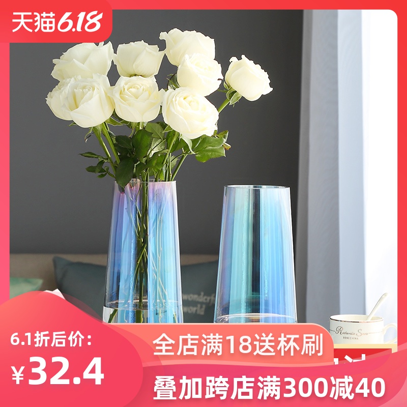 北欧风格极光花瓶彩色透明玻璃创意插花瓶客厅桌面摆件宜家玫瑰花