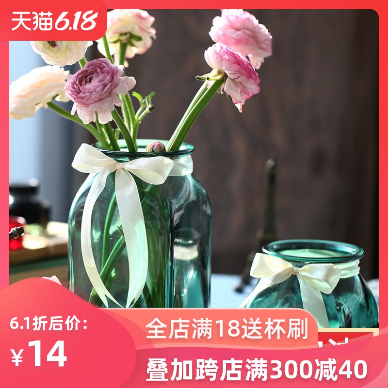 新中式家用小清新玻璃瓶透明水培富贵竹摆件客厅餐桌彩色插干花瓶
